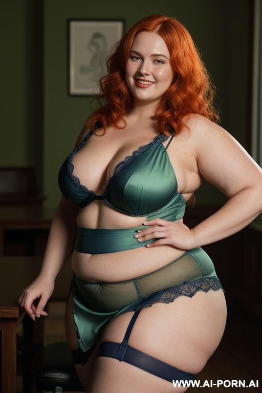 ((half body photo shot close up)). a ((british obese fat bbw redhead)), ((thick with love handless)). ((wearing a orange sexy and hot garter belt lingerie, and a dark-blue ruffle silk micro-skirt)). she is smiling - #main