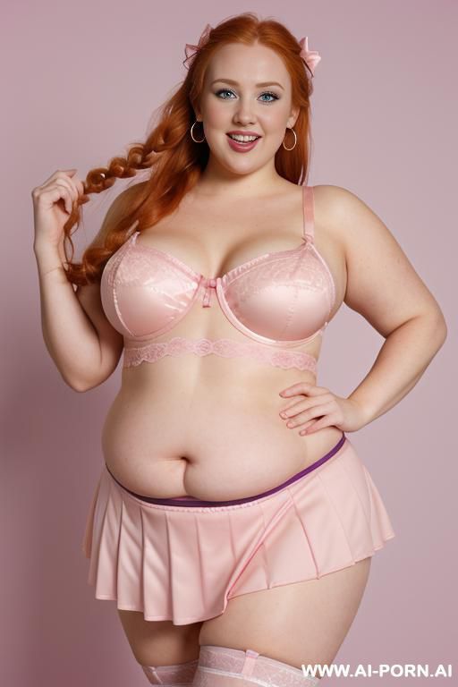 (((half body photo shot close up photo))). a (british very obese fat bbw redhead), ((thick body, with tummy and love handless)). (wearing a lingerie garter belt top.) - #main