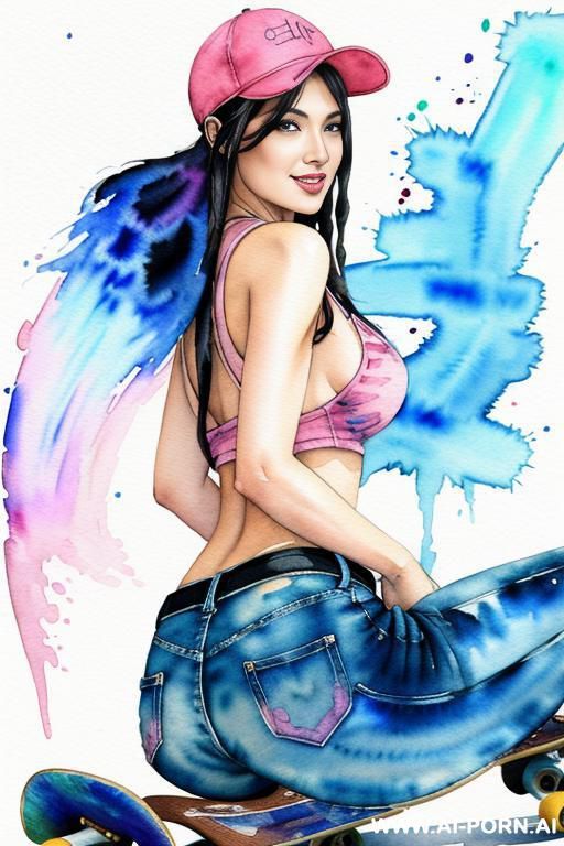 ((((at the street)))) ((((skate board)))) ((((image comic-drawing watercolor style)))) down level shot boobs in closedup ((((seductive gaze)))) from behind pretty japanese woman full lips smile shocked - #main