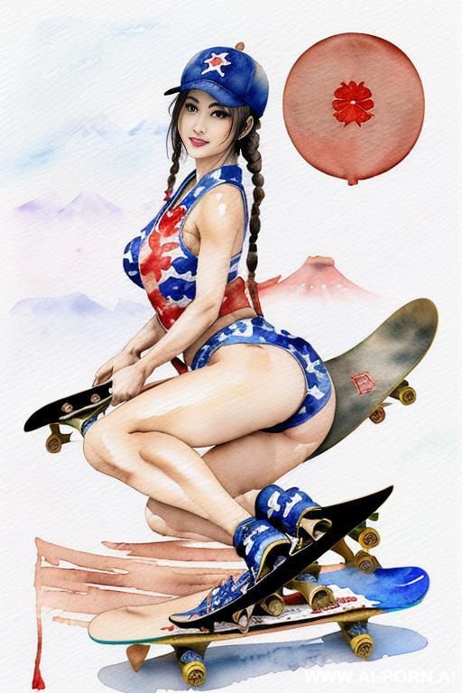 ((((landscape old japan flag)))) ((((skate board)))) ((((image comic-drawing watercolor style)))) down level shot boobs in closedup (((( gaze)))) pretty japanese woman full lips smile bending over - #main