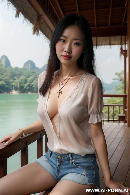 perfect model, possessed by demon necklace, pretty summer blouse and shorts, sitting on the lakehouse porch - #main