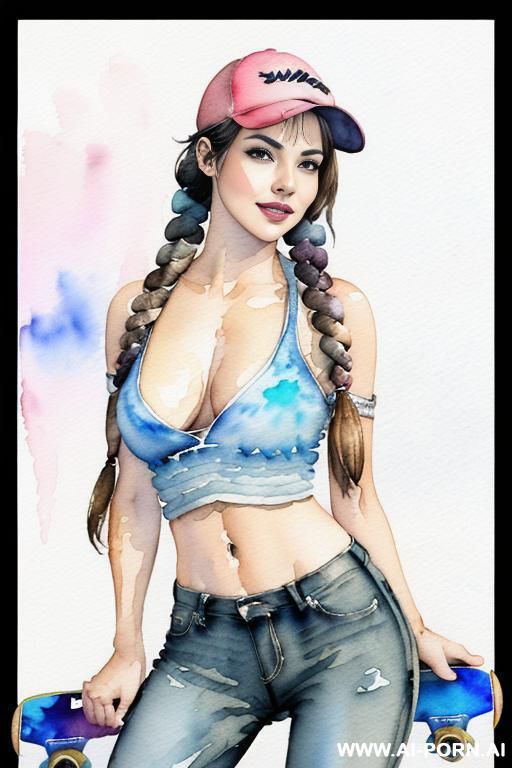 ((((at the street)))) ((((skate board)))) ((((image comic-drawing watercolor style)))) down level shot boobs in closedup, (((()))) ((((seductive gaze)))) pretty italian woman full lips smile bending over - #main