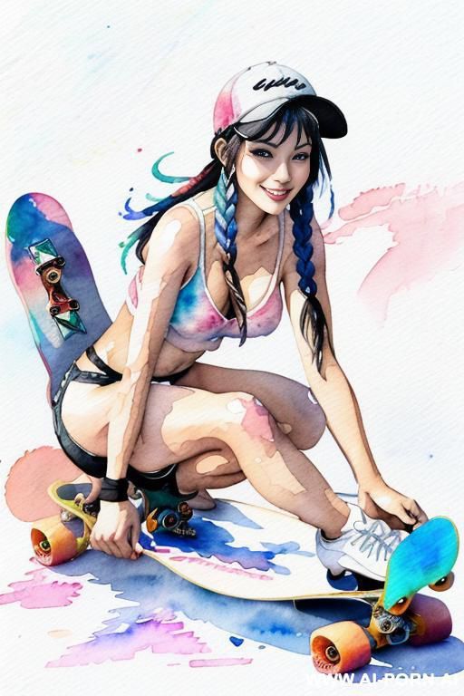 ((((skate board)))) ((((image comic-drawing watercolor style)))) (((( gaze)))) pretty japanese woman full lips smile bending over lying on , shorts fitted low-rise panties, muscle fit , braids brunette - #main
