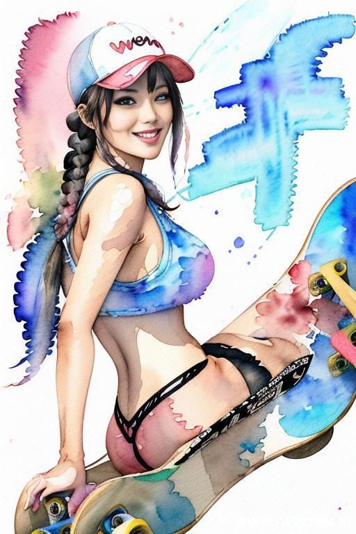 ((((skate board)))) ((((image comic-drawing watercolor style)))) (((( gaze)))) pretty japanese woman full lips smile bending over sitting on , short fitted low-rise panties, huge eyes, muscle fit , - #main