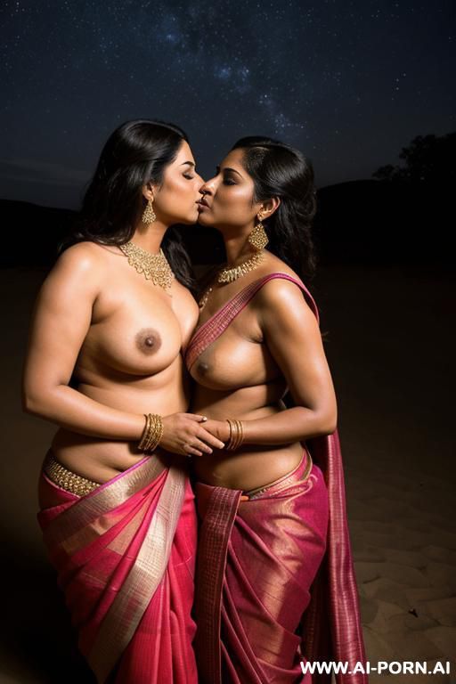 indian devote pudgy full naked female with shaved vagina is kissed by an indian queen in a traditional sari under the stars - #main