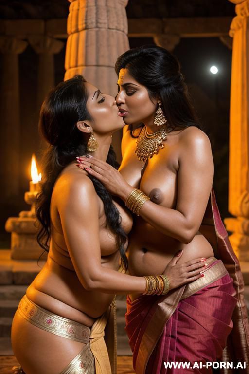 ancient indian devote pudgy full naked female with shaved vagina is kissed by an ancient indian queen in a traditional sari under the stars - #main