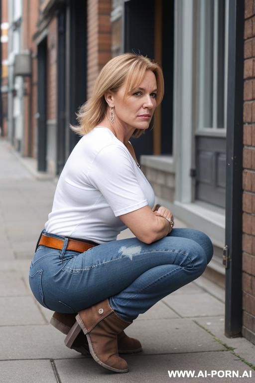 milf, bootcut blue jeans, belt, white t-shirt, brown short flats boots - #main