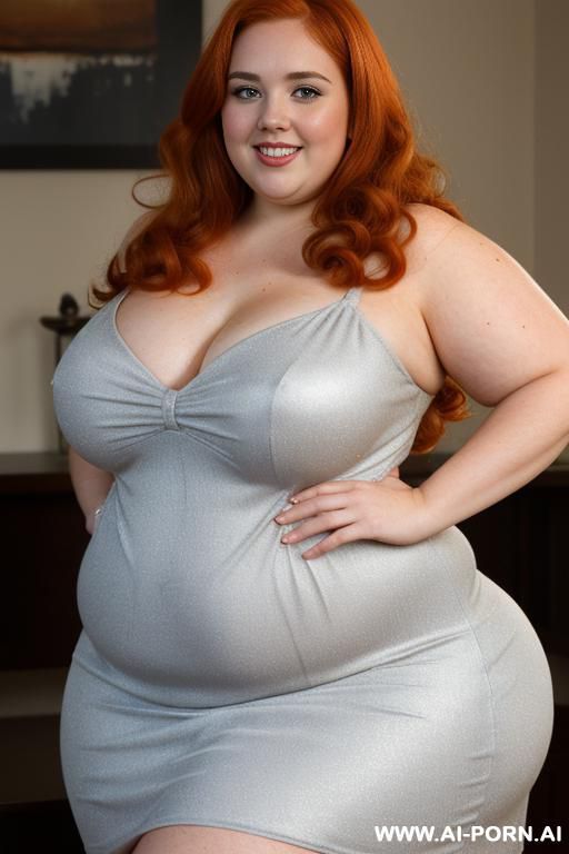 half body photo shot close up. a ((british obese fat bbw redhead)), ((thick with some love handless and tummy)). ((wearing a nigth elegant very micro dress and hot form)). she is smiling - #main