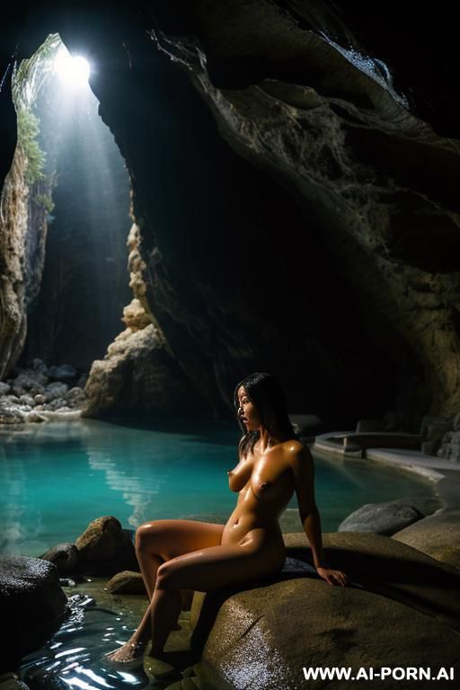 dark lighting, night, a mysterious woman, nude, naked, sitting on a big rock in middle of a natural onsen, in a cave, light reflecting from water illuminating her body, shiny scaly skin like a fish woman, thick toned legs - #main
