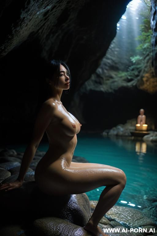 close up shot, dark lighting, night, a mysterious woman, nude, naked, sitting on a big rock in middle of a natural onsen, in a cave, light reflecting from water illuminating her body, shiny scaly skin like a fish woman, thick toned legs - #main
