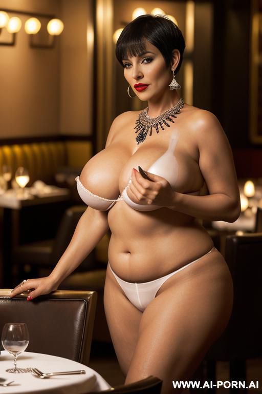 milf, shiny strapless white satin bra, shiny white high-leg thong panties, (((short bob cut voluminous hair))), (((gigantic saggy tits))), mature cougar milf, beautiful face, necklace, very dark red - #main