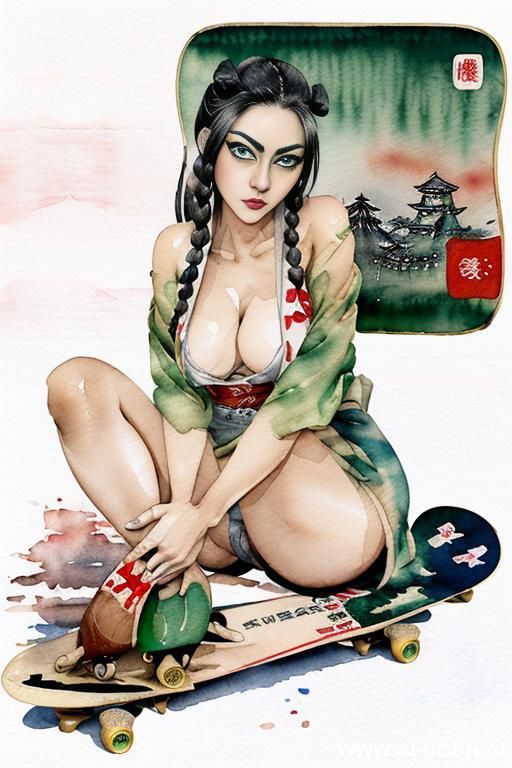 ((((landscape old japan flag)))) ((((skate board)))) ((((image comic-drawing watercolor style)))) down level shot boobs in closedup ((((green huge eyes)))) ((((gaze)))) pretty japanese woman full lips - #main