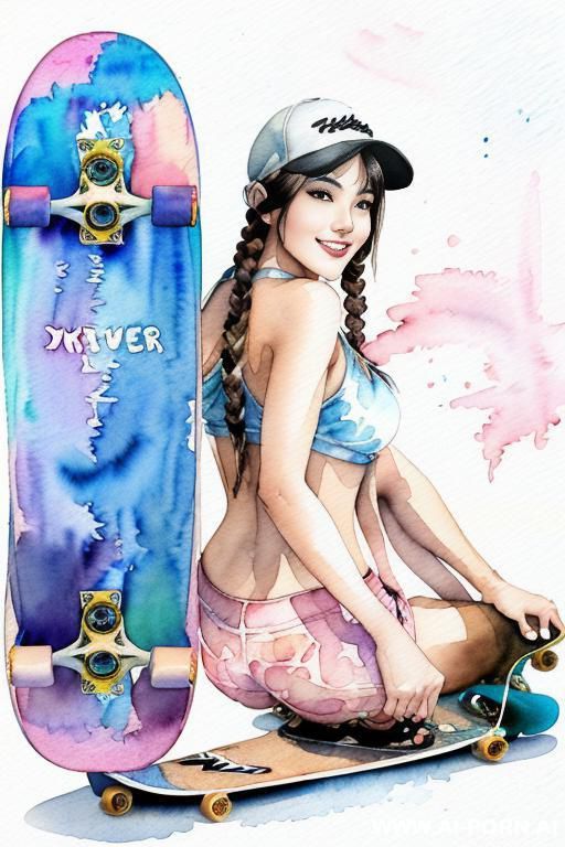 ((((skate board)))) ((((image comic-drawing watercolor style)))) (((( gaze)))) pretty japanese woman full lips smile bending over lying on , shorts fitted low-rise panties, muscle fit , braids brunette - #main