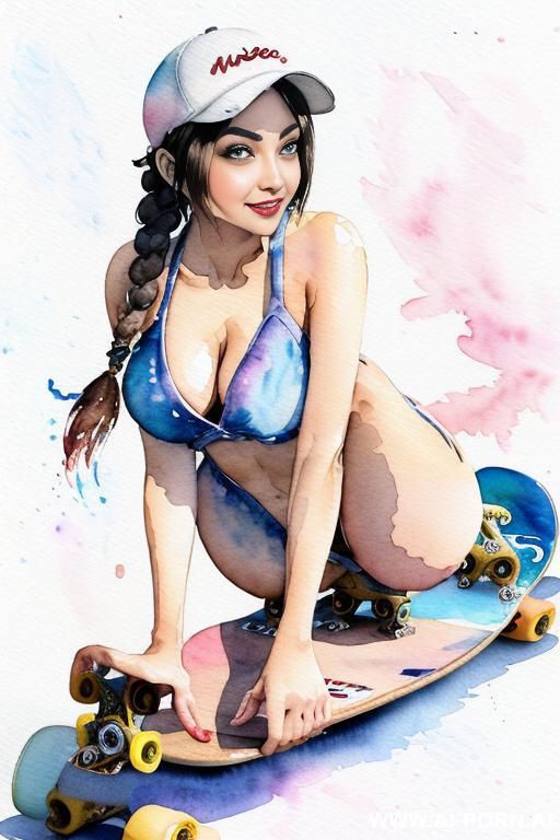 ((((skate board)))) ((((image comic-drawing watercolor style)))) (((( gaze)))) pretty japanese woman full lips smile bending over sitting on , short fitted low-rise panties, ((((huge eyes)))), muscle fit - #main