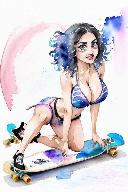 ((((skate board)))) ((((image comic-drawing watercolor style)))) ((((huge eyes)))) ((((huge tits)))) pretty japanese woman full lips smile bending over knees on , shorts fitted low-rise panties, muscle - #main