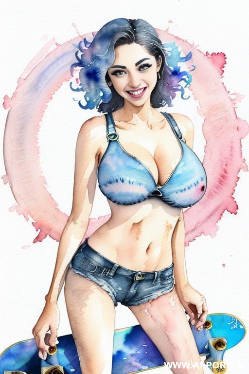 ((((skate board)))) ((((image comic-drawing watercolor style)))) ((((huge eyes)))) ((((huge tits)))) pretty japanese woman full lips ((((huge smile)))) standing on sexy pose , denim shorts fitted low-rise - #main