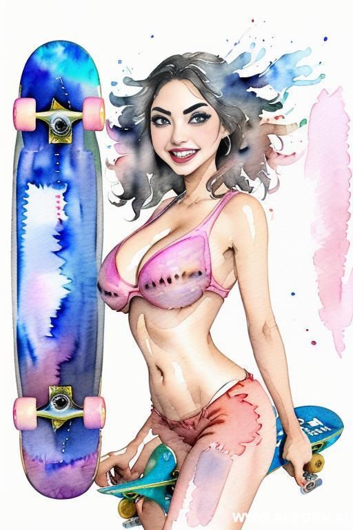 ((((skate board)))) ((((image comic-drawing watercolor style)))) ((((huge eyes)))) ((((huge tits)))) pretty japanese woman full lips ((((huge smile)))) standing on sexy pose , shorts fitted low-rise - #main