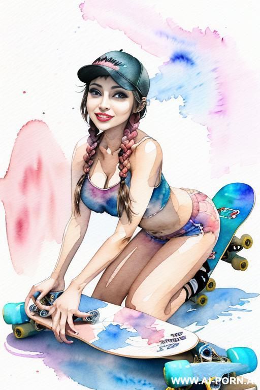 ((((skate board)))) ((((image comic-drawing watercolor style)))) ((((huge eyes)))) pretty japanese woman full lips smile bending over knees on , shorts fitted low-rise panties, muscle fit , braids - #main