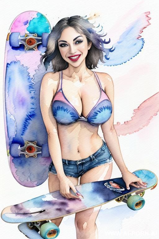 ((((skate board)))) ((((image comic-drawing watercolor style)))) ((((huge eyes)))) ((((very nose)))) ((((huge tits)))) ((((buxom)))) pretty japanese woman full lips ((((full lips huge smile)))) side way - #main