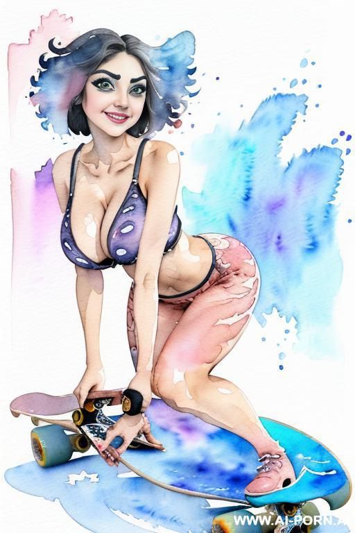 ((((skate board)))) ((((image comic-drawing watercolor style)))) ((((huge eyes)))) ((((huge tits)))) pretty japanese woman full lips smile bending over knees on , shorts leggins low-rise panties, muscle - #main