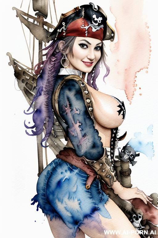 ((((pirate ship)))) ((((image comic-drawing cartoon watercolor style)))) ((((huge eyes)))) ((((huge tits)))) (((( chin)))) pretty japanese woman full lips smile from behind leaning on sexy pose , shorts - #main