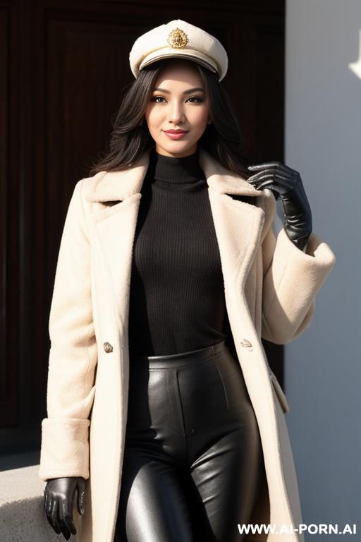perfect image, attractive, realistic, uzbek, portugese, womanly hip size, straight wavy right part swept, smle, vagina, stout, body view, taper, front view, wear cap, stockngs, coat, gloves, correct posture, best pic. - #main
