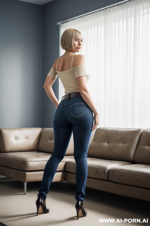 milf, straight blue jeans, belt, beige top, oxtord shoes, ((view from the ground)), lean, ((extra low angle)), twerking, ((show her ass)) - #main