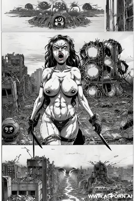 ((((image comic-drawing cartoon style)))) ((((huge eyes)))) ((((huge tits)))) ((((screaming)))) pretty japanese woman ((((apocalyptic city)))) , ((((atomic bomb explosions landscape)))) , horizont looking , - #main