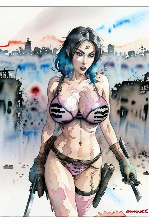 ((((image comic-drawing cartoon watercolor style)))) ((((huge eyes)))) ((((huge tits)))) pretty japanese woman ((((apocalyptic city)))) , atomic bomb explosions landscape , horizont looking , walking sexy - #main