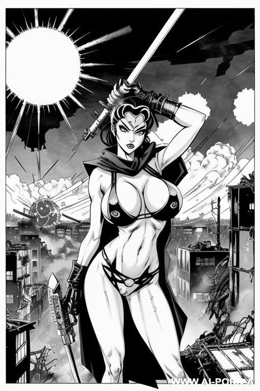 ((((image comic-drawing cartoon style)))) ((((huge eyes)))) ((((huge tits)))) ((((vixen attack)))) pretty japanese woman ((((apocalyptic city)))) , ((((atomic bomb explosions landscape)))) , horizont looking - #main