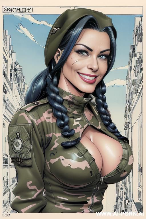 ((((image comic-drawing cartoon style)))) down level shot boobs in closedup ((((sky landscape)))) ((((military woman))))) (((( smile)))) ((((huge eyes)))) (((( nose)))) ((((seductive gaze)))) pretty italian - #main