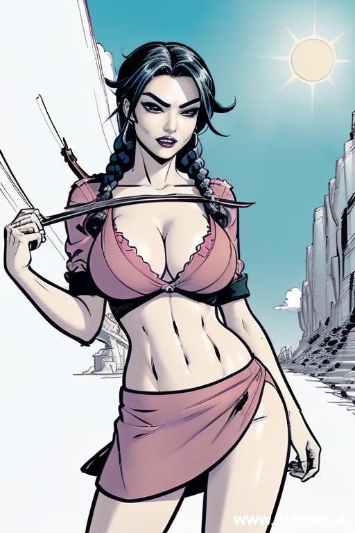 ((((image comic-drawing cartoon style)))) down level shot boobs in closedup ((((sky landscape bright sun)))) ((((pirate shio))))) ((((seductive gaze)))) pretty italian woman full lips smile shocked face - #main