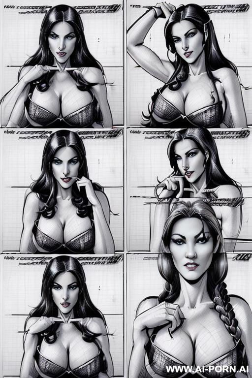 ((((in three panels))) ((((each panel a different pose sexy)))) ((((image comic-drawing cartoon style)))) down level shot boobs in closedup ((((landscape office)))) ((((sexy killer secretary)))) - #main
