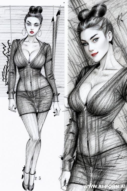 ((((in two panels))) ((((each panel a different pose sexy)))) ((((image comic-drawing pencil style)))) down level shot boobs in closedup ((((landscape office)))) ((((talking office woman)))) ((((seductive - #main