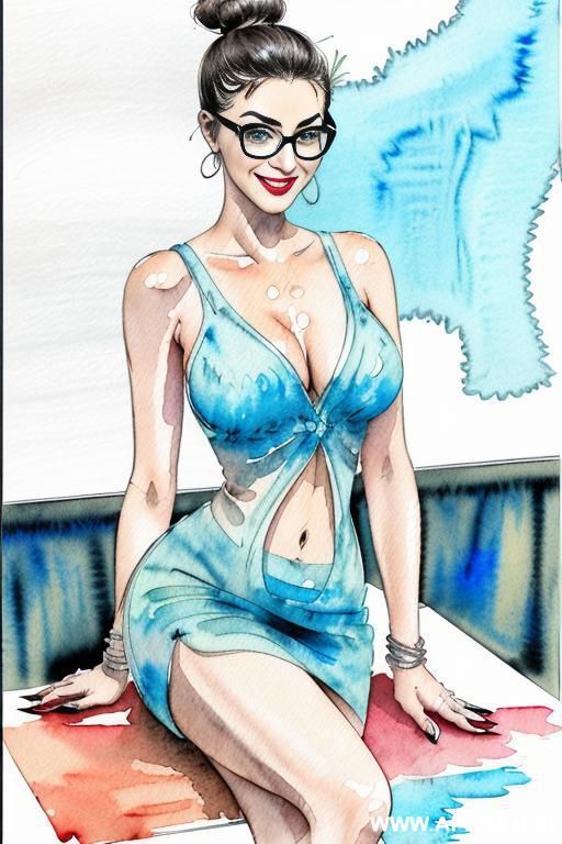 ((((mediun full body shot)))) ((((image comic-drawing water color style)))) up level shot boobs in close up ((((landscape office)))) ((((office woman)))) ((((siting on table)))) ((((showing crossed - #main