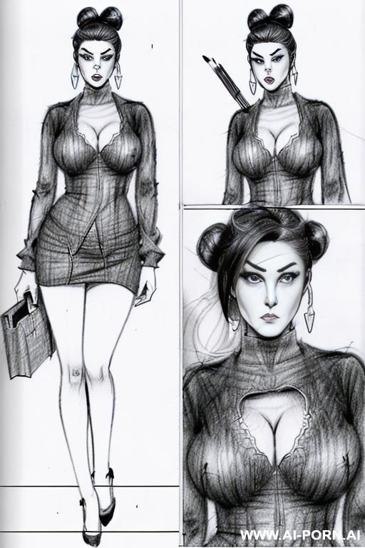 ((((in two panels))) ((((each panel a different pose sexy)))) ((((image comic-drawing pencil style)))) down level shot boobs in closedup ((((landscape office)))) ((((angry office woman)))) ((((seductive - #main