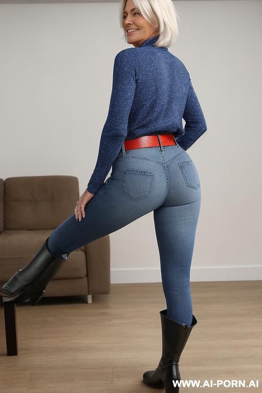 pretty gilf, tight worn blue jeans, belt, red top, ridding flats long boots, lean twerking, gystyle standing, (light livig room)), full body view - #main