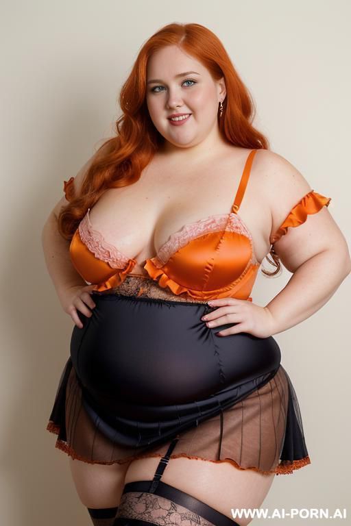 half body photo shot close up. a ((british obese fat bbw redhead)), ((thick with love handless)). ((wearing a orange and pink sexy and hot garter bride latex lingerie, and a dark-lace ruffle silk micro-skirt)). she is smiling - #main