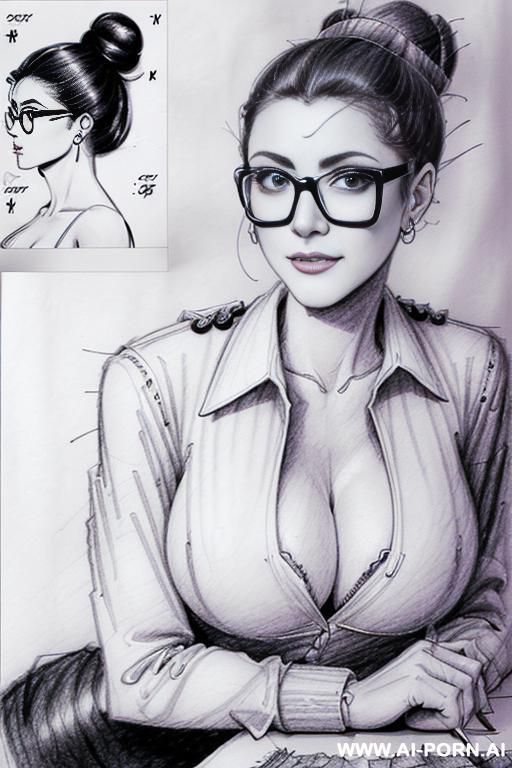 ((((in two panels))) ((((each panel a different pose sexy)))) ((((image comic-drawing pencil style)))) down level shot boobs in closedup ((((landscape office)))) ((((office woman)))) ((((siting on descktop - #main