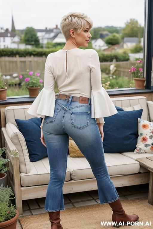 milf, vintage flared blue jeans, short flats boots, lean twerking, ((view from the ground)), spreading legs, ((garden living room)) - #main