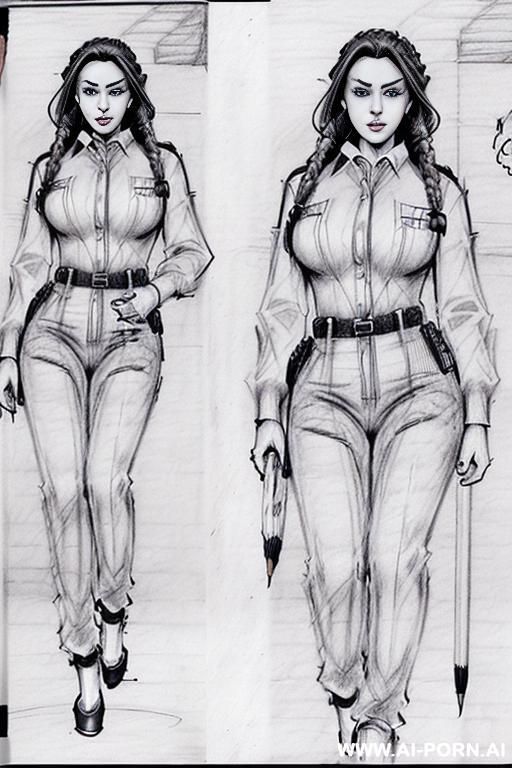 ((((full body shot)))) ((((in two panels))) ((((each panel a different pose sexy)))) ((((image comic-drawing pencil style)))) down level shot ass close up ((((landscape office)))) ((((security guard)))) - #main