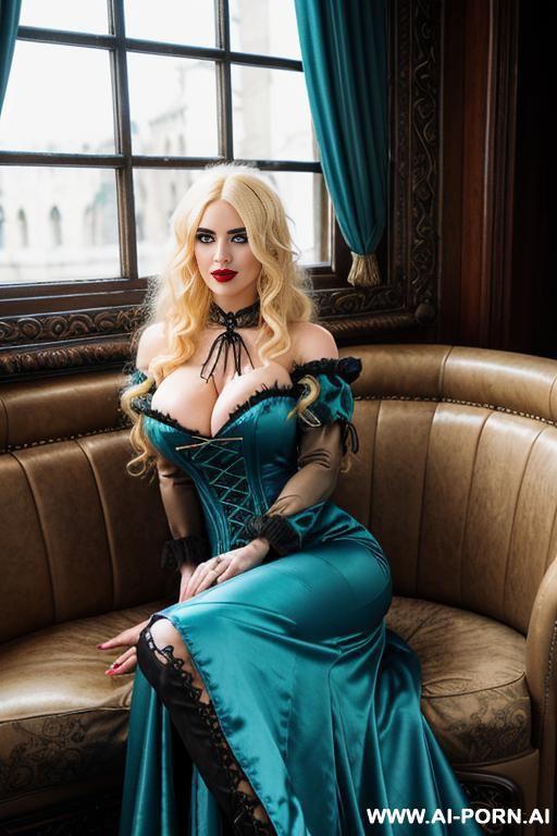 blonde beautiful big blue eyes big lips makeup long wavy thick fluffy hairs steampunk fantasy style in cleavage busty long dress satin azure bright blue long dress lowered fancy sleeves laced - #main