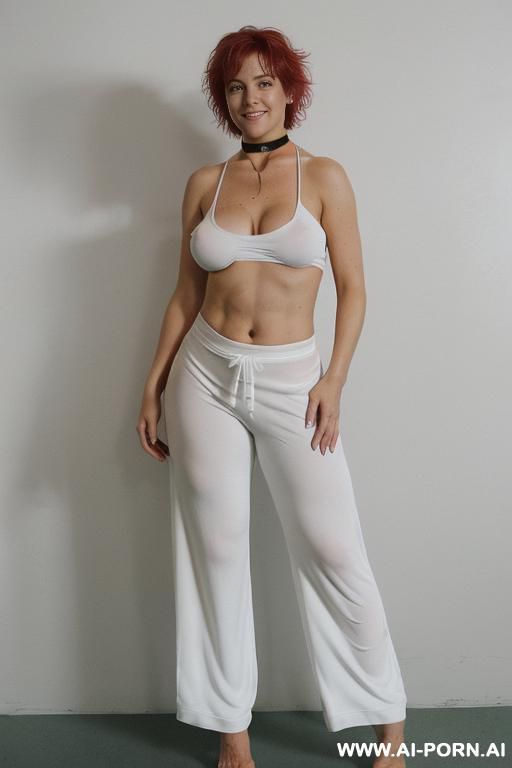 ((topless)), ((natural plump breasts), (pretty face), (wide hips), (soft seductive smile), (baggy pants), (choker) - #main