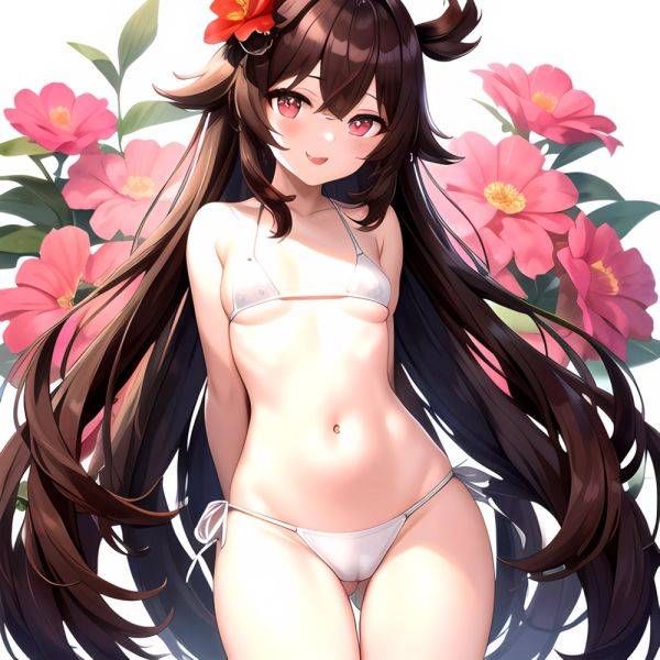 1girl Q Absurdres Arms Behind Back Bikini Blush Breasts Brown Hair Cameltoe Cleft Of Venus Covered Nipples Cowboy Shot Flower, 3059563772 - AIHentai - aihentai.co on pornsimulated.com