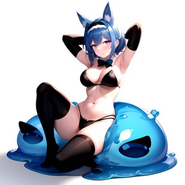 1girl Animal Ears Armpits Arms Behind Head Black Bow Black Bowtie Black Gloves Black Hairband Black Thighhighs Blue Skin Blunt, 548067419 - AIHentai - aihentai.co on pornsimulated.com