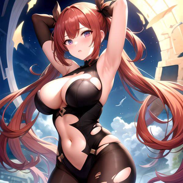 Roana Epic Seven 1girl Areola Slip Arm Garter Armpits Arms Up Black Bodysuit Blush Bodysuit Breasts Brown Hair Covered Navel, 2679711377 - AIHentai - aihentai.co on pornsimulated.com