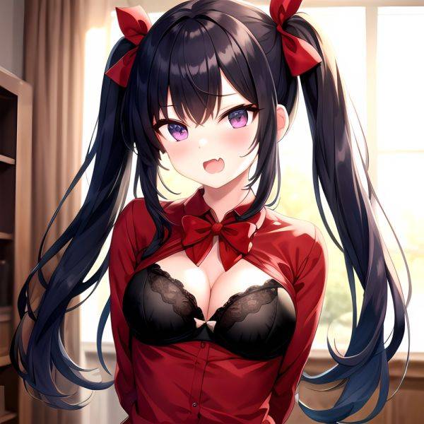 1girl Black Eyes Blue Hair Blush Bow Bowtie Bra Breasts Center Opening Cleavage Collared Shirt Fang Black Bra Hair Intakes, 2508384966 - AIHentai - aihentai.co on pornsimulated.com