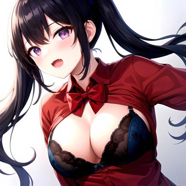 1girl Black Eyes Blue Hair Blush Bow Bowtie Bra Breasts Center Opening Cleavage Collared Shirt Fang Black Bra Hair Intakes, 2182082370 - AIHentai - aihentai.co on pornsimulated.com