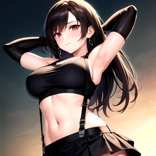 1girl Armpits Arms Behind Head Arms Up Bare Shoulders Black Gloves Black Hair Black Skirt Breasts Closed Mouth Crop Top, 1503779367 - AIHentai - aihentai.co on pornsimulated.com