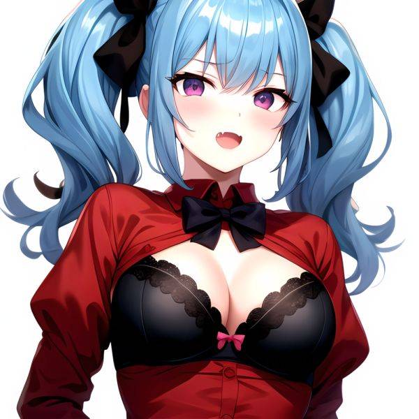 1girl Black Eyes Blue Hair Blush Bow Bowtie Bra Breasts Center Opening Cleavage Collared Shirt Fang Black Bra Hair Intakes, 3217215474 - AIHentai - aihentai.co on pornsimulated.com